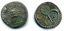 Coin, Anglo-Saxon, sceat, silver, found at North End Farm, Lyes Field, Cheriton, Hampshire, issued 720 to 749.