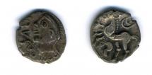 Coin, ancient British, silver, found by metal-detectorist on Gander Down, Cheriton, Hampshire, traditionally attributed to Verica.