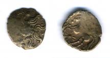 Coin, ancient British, gold, found by metal-detectorist in Lyes Field, Cheriton, Hampshire, Atrebatic uninscribed.