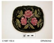 Bag, black velvet, both faces decorated with embroidered stem of pink roses and foliage in patterned metal pailettes with cut steel beaded detail, unlined, minus frame, approximate width 165mm, approximate depth 145mm, c1930s
