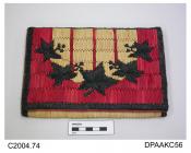 Bag, clutch bag, unstiffened, raffia, front with design of black ivy leaves on red and cream ground, black borders, lined rose coloured cotton sateen, stamped Modele Depose, approximate width 215mm, approximate depth 145mm, c1950-1970s