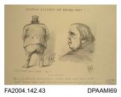 Cartoon sketch, print, charcoal, two views of the Claimant, from the rear, and left profile, printed by Adam Brothers of 10A New Bond Street, London, circa 1871-1874vol 2, page 45