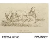 Cartoon sketch, print, a cow standing in a meadow, the Claimant pulling her by the horns, the Infant pulling her by the tail, and two lawyers dressed as milkmaids milking her dry, circa 1871-1874vol 2, page 79