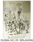 Cartoon sketch, charcoal, a fairground scene. A hoarding proclaims 'A GREAT SET TO Between A WAPPING YOUTH AND THE TICHBORN[E] PET', while in front of it the Infant and the Claimant dressed as boxers prepare for a fight. Andrew Bogle as a showman encour