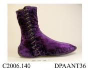 Boot, one only, women's, ankle boots, deep violet velvet, laced up the outside of the ankle with twelve pairs of eyelets over matching full length tongue, one boot being laced with brown elastic, lined brown kid, pointed toe, flat leather sole, possibly