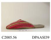 Beach shoes, mules, pair, cotton terry towelling striped in shades of red, ochre, brown and white, lined canvas, round toe, flat synthetic sole, approximate length overall 270mm, approximate width of sole 90mm, c1930-1940s