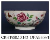 Bowl, hard paste porcelain, decorated in famille rose colours with large peony blossoms, rocks and birds in branches; not marked, made in Jingdezhen, Jiangxi Province, China c1740