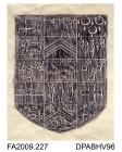 Brass rubbing, in black heel-ball, on white paper, unidentified coat of arms, shield divided into 15 different symbols, at Salisbury Cathedral, Wiltshire, undated, by Herbert Druitt, 1876-1943