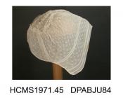 Baby's cap, fine linen, 5 drawstrings round face, 2 with diagonal lines of whitework dashes between, caul with matching embroidery,5cm diameter crown with snowflake motif, small needle filling, and vandyked tabs, cap possibly professionally embroidered,