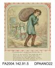 Coloured print, one of a series of nine cartoons satirising the Tichborne v Lushington trial, based on the nursery rhyme 'This is the house that Jack Built'. Depicts a smiling man with a large swag bag over his shoulder labelled 'LAWYER'S EXPENSES £55,