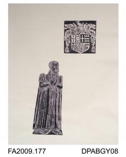 Brass rubbing, in black heel-ball, image cut out and mounted on to white paper, John Lighe (or Leigh), with shield, St Mary's Church, Froyle, Hampshire, 1575, by Herbert Druitt, 1876-1943The effigy is to be found on the south side of the sanctuary floo