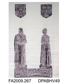 Brass rubbing, in black heel-ball, on white paper, William Bartelot, 1601, and wife Anne Covert, in civilian dress, 2 shields and 5 lines of English inscription, church at Stopham, Sussex, by Herbert Druitt, 1876-1943