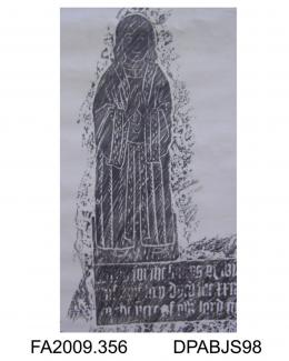 Brass rubbing, in black heel-ball, on white paper, Robert de Haitfeld, 1417, in civil dress with anelace, and wife, Ade, 1409, both with SS collars, holding hands, church at Owston, West Riding, Yorkshire, by Herbert Druitt, 1876-1943' Robert de Haitfe