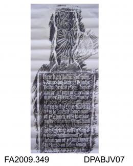 Brass rubbing, in black heel-ball, on white paper, figure of St Christopher and 16 line inscription to William Complyn, 1498, and his wife, Agnes, church at Weeke (or Wyke), near Winchester, Hampshire, by Herbert Druitt, 4 August 1899