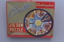 Jigsaw puzzle, card, Seven Wonders of the Ancient World, found at The Danes, Wote Street, Basingstoke, Hampshire, made by Waddingtons, Kirkstall, Leeds, West Yorkshire, mid 20th century.
The seven wonders are all in the 'ancient world' around the Medite