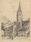 Drawing, pencil drawing, an ?italian village, probably by Elizabeth M Baker, art student, Andover, Hampshire, about 1863.