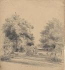 Drawing, pencil drawing, garden view at house in Oakley, Hampshire, 1849.
