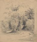 Drawing, pencil drawing, garden view at house in Oakley, Hampshire, 1849.