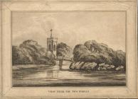 Print, aquatint?, View near the New Forest, river scene, church tower in distance late 19th century?