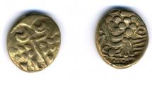 Coin, ancient British, stater, gold, found at Dean Farm, Funtley, Fareham, Hampshire, issued 65BC to 58BC.