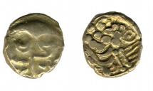Coin, ancient British, found at Cheriton, Hampshire, issued 25BC to 0. Part of a group of sixteen Iron Age staters (British D) and quarter staters (British O) found by metal detectorist in 1992 at Cheriton, Hampshire. The sixteen are thought to be part 