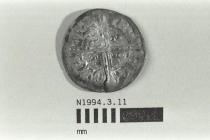 Coin, penny, part of a hoard found at White Lane, Greywell, Mapledurwell and Up Nately, Hampshire in 1989, issued by Henry III, minted by moneyer Nicole at Canterbury, Kent, 1248-1250