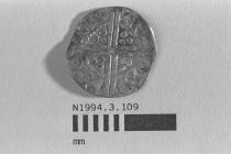 Coin, penny, part of a hoard found at White Lane, Greywell, Mapledurwell and Up Nately, Hampshire in 1989, issued by Henry III in Ireland, minted by the moneyer Ricard in Dublin, Eire, 1251-1254