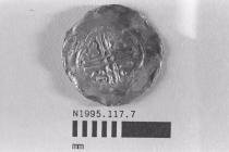 Coin, penny, part of a hoard found by metal detector at Portsdown Hill, near Portchester, Fareham, Hampshire, 1995, issued by Stephen, minted in a northern mint, 1135-1154