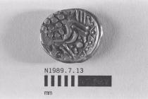 Coin, stater, part of a hoard found by a metal detector at Ironshill, Lyndhurst, Hampshire, issued 1st century BC