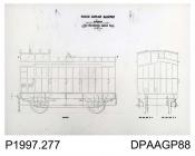 Photograph, black and white, showing a Thornycroft engineering drawing, of a four wheel guards brake van, for North London Railway, Worting Road, Basingstoke, Hampshire