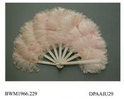 Fan, pink, goose feathers and swansdown, wooden sticks and guards painted pale pink and silver, fontange or half oval shaped, approximate radius at guards 210mm, at centre 290mm, mid twentieth century