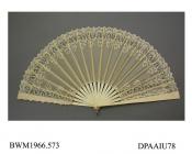Fan, white gauze leaf trimmed with borders of white lace, shaped ivory sticks and guards, approximate radius 330mm, c1890-1900