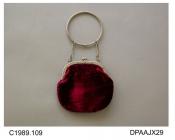 Bag, handbag, steel frame with snap closure, handle comprising two lengths of long link attached to steel ring, approximate diameter 85mm, rich purple velvet bag lined light blue cotton sateen, approximate width 130mm, approximate depth 120mm, c1900-191