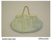 Evening bag, gilt frame trimmed turquoise beading, snap closure, double gilt rope handle and pendant consisting of a circle of turquoise beads which has become detached, pale blue-green crepe de chine, lined to match, small internal pocket but no mirror