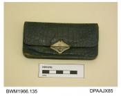 Purse, dark green leather, possibly crocodile, envelope style with slide catch closure, divided into six separate sections, central section with metal edge stiffening, approximate length 110mm, approximate width 55mm, c1920-1950