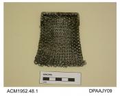 Purse, steel mesh, square steel frame, unlined, no handle, approximate depth excluding fringe 100mm, approximate width 65mm, c1860-1880s