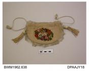 Bag, evening, D-shaped, woolwork on canvas, front face with central garland of garden flowers, reverse with bunch of flowers, edges piped ivory cord covered with plain white silk plus blonde lace, double cord drawstring running through worked loops arou