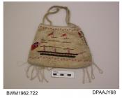Bag, knitted white silk base covered with closely beaded design, front face has a three masted schooner on clear beadwork ground, rear face is decorated with flowers and vines in pink, red, green and black, lower edge trimmed long fringe of bead loops, 