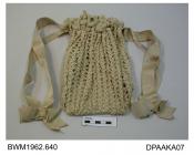 Evening bag, knitted cream silk on square satin covered base, cream satin ribbon drawstring and loop handles with bow trims, approximate width 120mm, approximate depth 220mm, c1870-1910