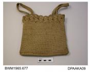 Bag, square, crocheted white cotton with decorative border around top, unlined, matching crocheted handle at each side, approximate width 200mm, approximate depth 205mm, c1900-1920