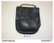 Handbag, leather, navy blue will calf leather, no frame, flap closure with pres- stud, short gilt chain handle, lined navy moire, two internal pockets, approximate width 195mm, approximate depth 210mm, c1945-1950