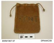 Bag, small, brown leather, cotton drawstring closure, unlined, front marked RENT, approximate width 110mm, approximate depth 135mm, c1900-1940