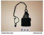 Purse, small, crocheted black silk, matching finger ring and strings, also long silk cord loop, approximate width 65mm, approximate depth 60mm, c1870-1899