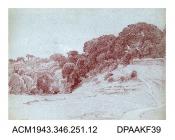 Drawing, crayon drawing, on paper, in brown, of a rural scene with pathway leading to trees, near Bradford-on-Avon, Wiltshire painted by William Herbert Allen, of Farnham, Surrey, 1880s-1940s