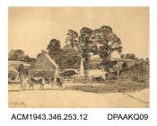 Drawing, pen and ink drawing on paper, a farmyard scene with cattle at a site unknown in Wiltshire, drawn by William Herbert Allen, of Farnham, Surrey, September 1923
