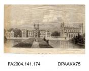Engraving, Tudor style mansion and church with a straight walk leading up to it, flanked by a formal lake on each side, probably Stonyhurst College, Lancashirevol 1, page 24