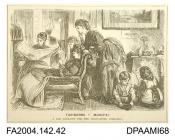 Newspaper cutting, cartoon sketch, a household, men, women and children, all avidly reading newspapers, while books are left on the table, 1871-1874vol 2, page 43