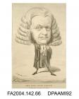 Cartoon sketch, print, charcoal, Chief Justice Bovill, standing wearing legal dress and wig, holding a notebook and quillvol 2, page 69