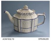 Teapot, white feldspathic stoneware, commode shape, with sliding lid, applied reliefs of the American national emblem and Peace personified as a woman with olive branch and discarded weapons, not marked, possibly Sowter and Co, Mexborough, Yorkshire, c1