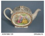 Teapot, white earthenware, slip cast, fancy shape with bow-shaped knop on lid, decorated with overglaze transfer-printed scene in colours showing 18th century figures in a garden, base with printed mark of James Sadler and Sons, Burslem, Stoke-on-Trent,